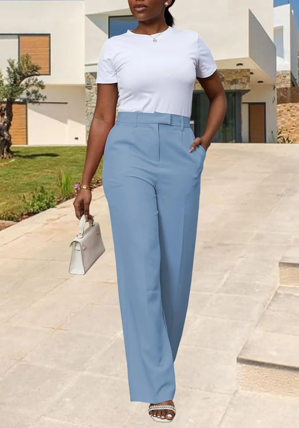 Unybwonn Women Wide Leg Dress Pants High Waisted Straight Leg Business Slacks Work Pants Casual Button Down Trousers