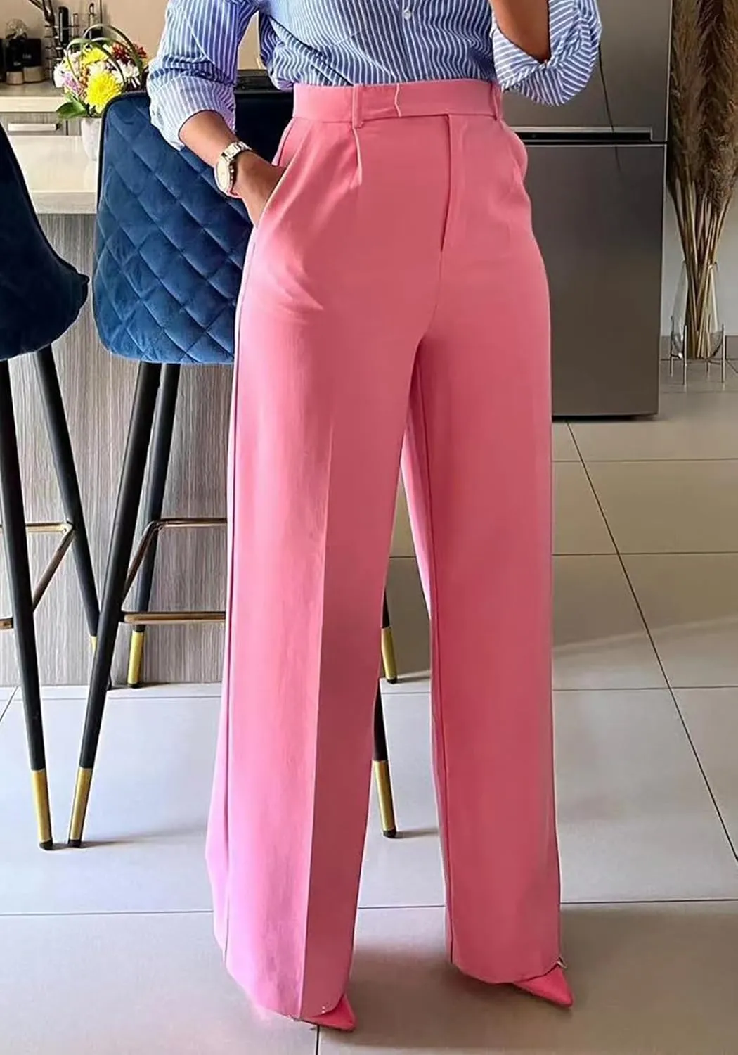 Unybwonn Women Wide Leg Dress Pants High Waisted Straight Leg Business Slacks Work Pants Casual Button Down Trousers
