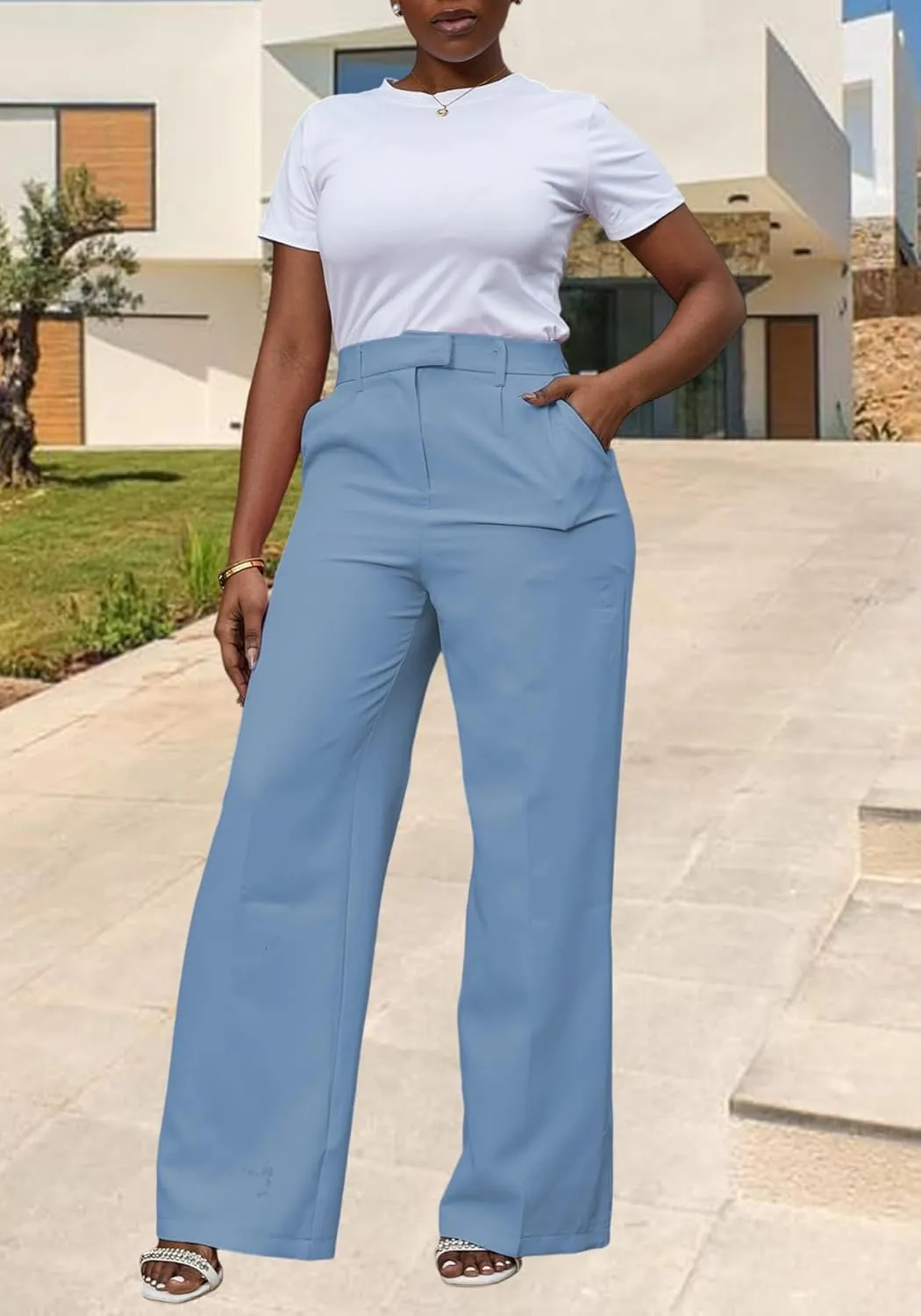Unybwonn Women Wide Leg Dress Pants High Waisted Straight Leg Business Slacks Work Pants Casual Button Down Trousers