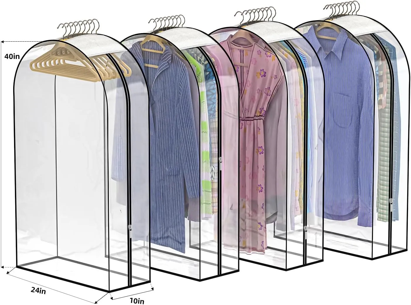 Upgraded Thickened Clear Garment Bags for Hanging Clothes 4 Packs, 10 Gusseted and 40" Clothes Protectors for Hanging Clothes for Closet, Shirts, Coats, Dresses