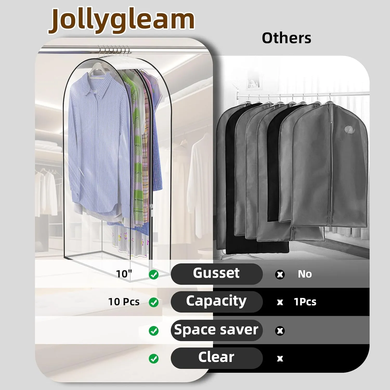 Upgraded Thickened Clear Garment Bags for Hanging Clothes 4 Packs, 10 Gusseted and 40" Clothes Protectors for Hanging Clothes for Closet, Shirts, Coats, Dresses