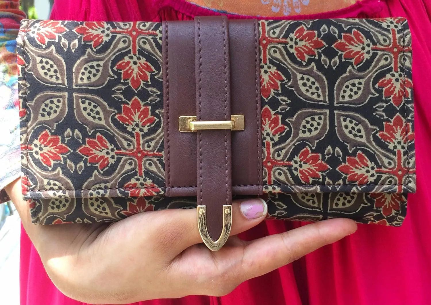 Vegan Leather Clutch Wallet Women Evening Handbag Purse Cruelty Free Indian Handcrafted Cotton Fabric.