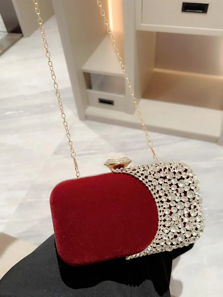 Velvet Evening Bags Women Rhinestone Crystal Embellished Clutch Purses Glitter Chain Handbag Party Wedding 2025