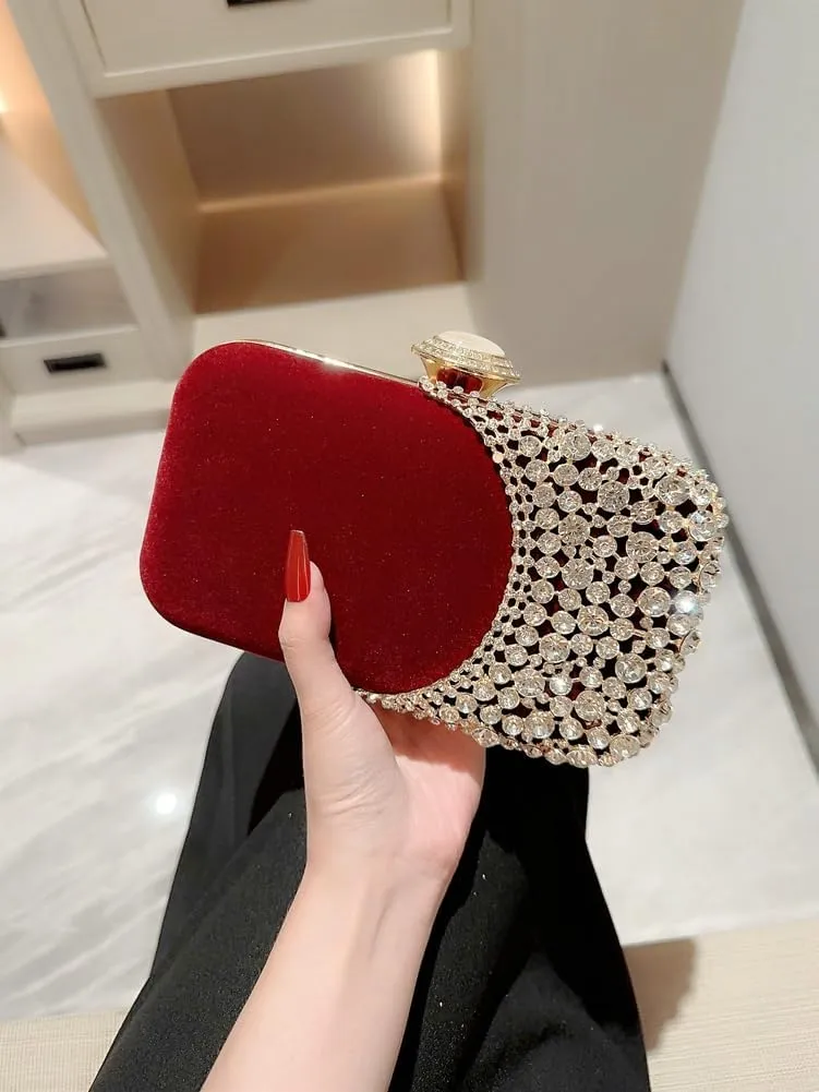 Velvet Evening Bags Women Rhinestone Crystal Embellished Clutch Purses Glitter Chain Handbag Party Wedding 2025