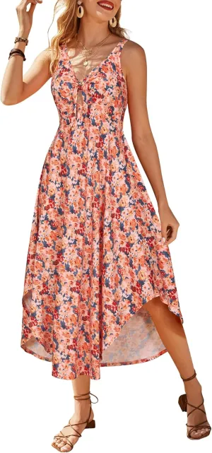 VOTEPRETTY Women's Summer Dresses 2025 Spring Sundresses Vacation Beach Outfit Tropical Hawaiian Midi Maxi Vestido Plus Size Casual Trendy Sun Fashion Cruise Floral(Colorful Floral Orange,S)