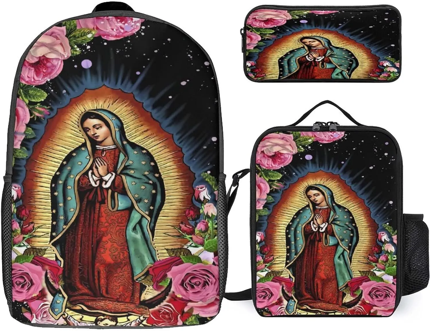 Waygotee Our Lady of Guadalupe Virgin Mary Bookbag Backpack Laptop Travel Bag Unisex for Adult Gifts 17 Inches 3 piece set