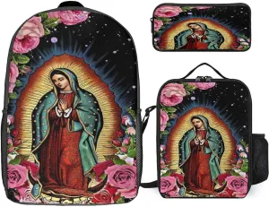Waygotee Our Lady of Guadalupe Virgin Mary Bookbag Backpack Laptop Travel Bag Unisex for Adult Gifts 17 Inches 3 piece set