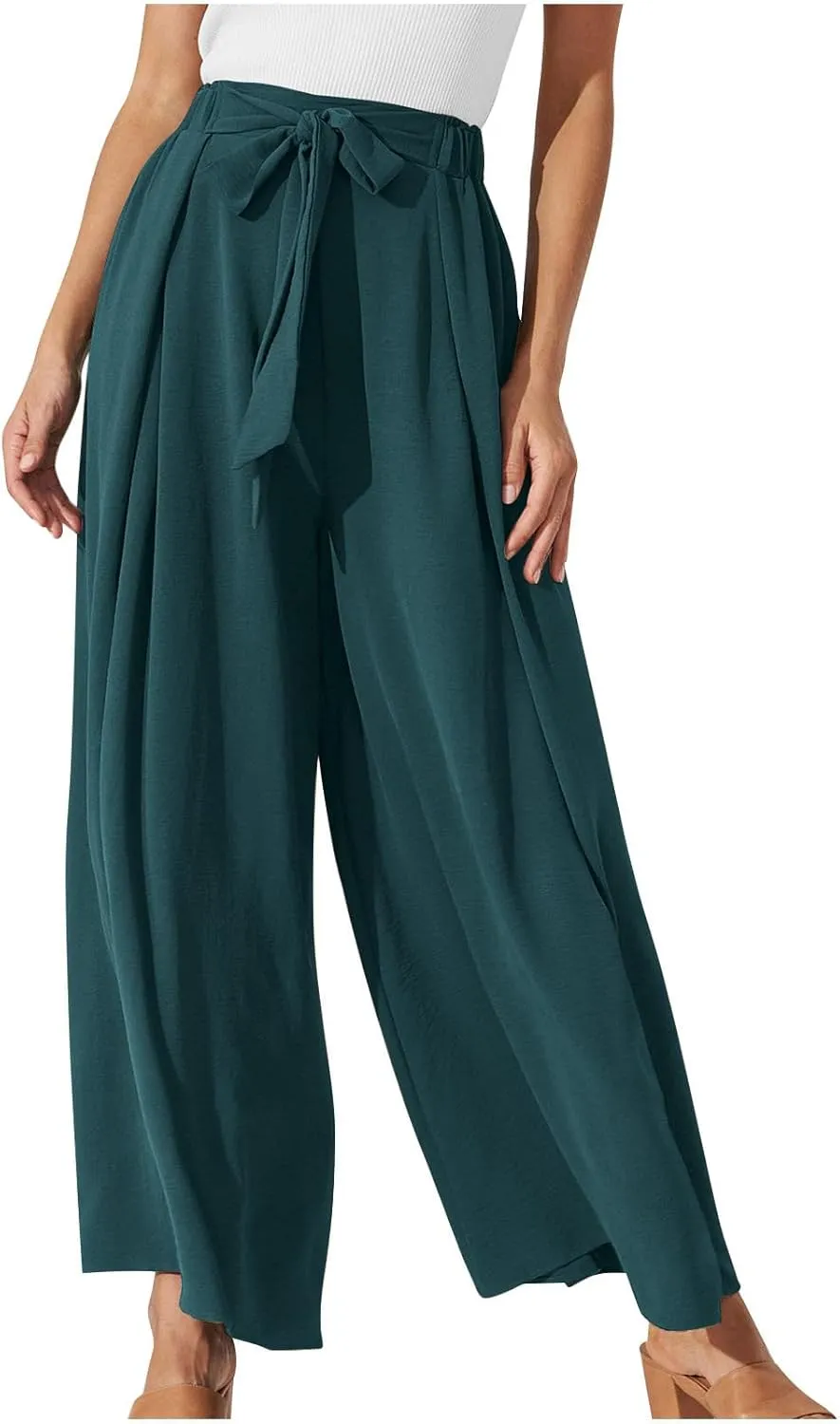 Wide Leg Palazzo Pants for Women Dressy Business Casual Work Pants Loose Solid Drawstring Elastic High Waisted Pant