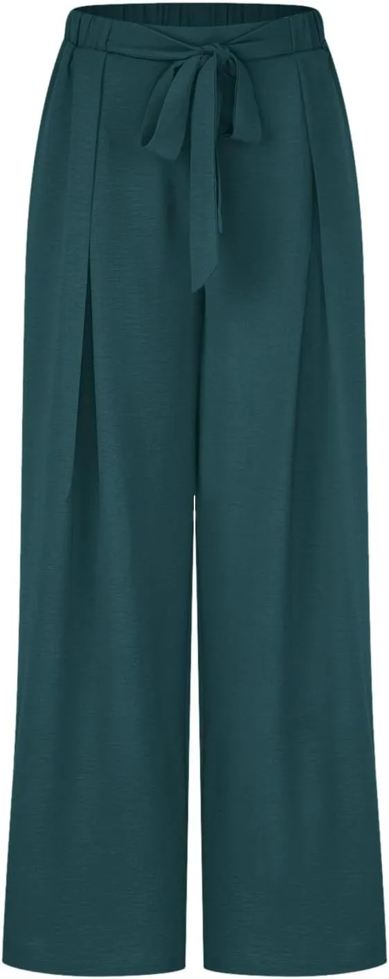 Wide Leg Palazzo Pants for Women Dressy Business Casual Work Pants Loose Solid Drawstring Elastic High Waisted Pant