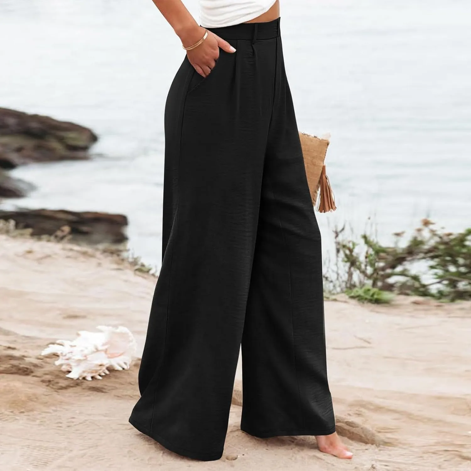 Wide Leg Pants Woman Summer High Waisted Dress Pants Trousers Lightweight Comfy Elastic Waist Pants with Pockets