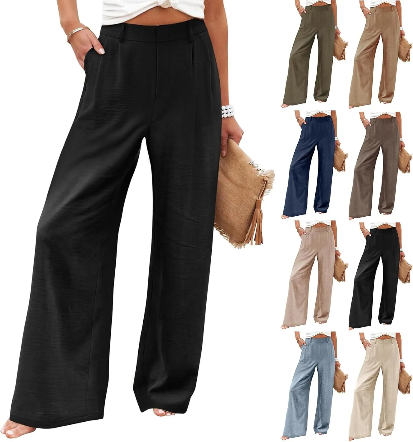 Wide Leg Pants Woman Summer High Waisted Dress Pants Trousers Lightweight Comfy Elastic Waist Pants with Pockets