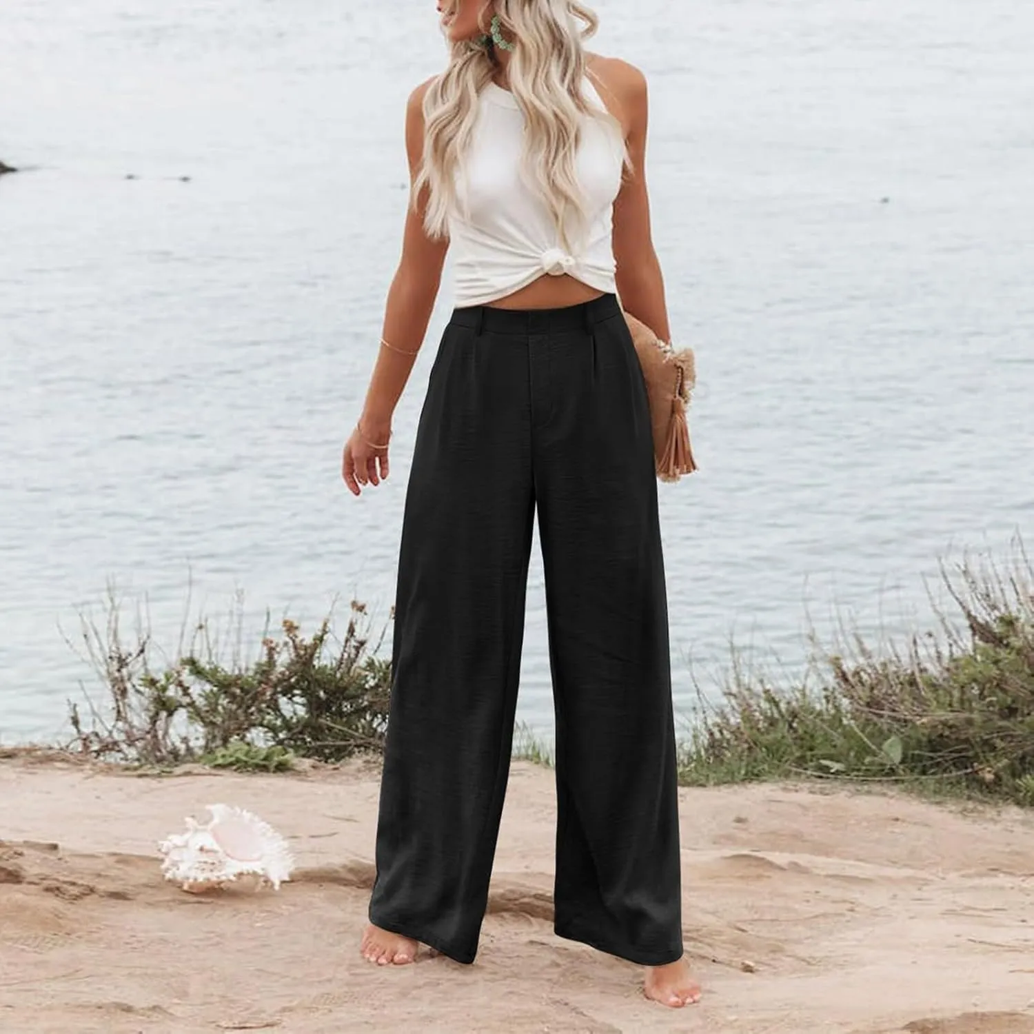 Wide Leg Pants Woman Summer High Waisted Dress Pants Trousers Lightweight Comfy Elastic Waist Pants with Pockets