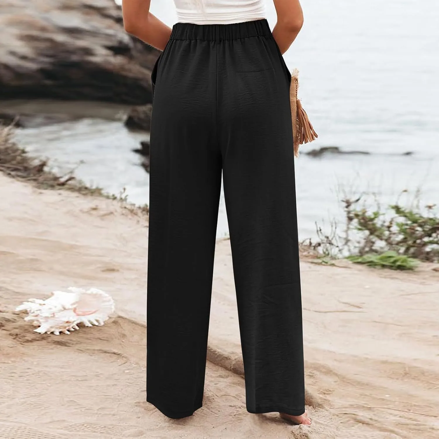 Wide Leg Pants Woman Summer High Waisted Dress Pants Trousers Lightweight Comfy Elastic Waist Pants with Pockets