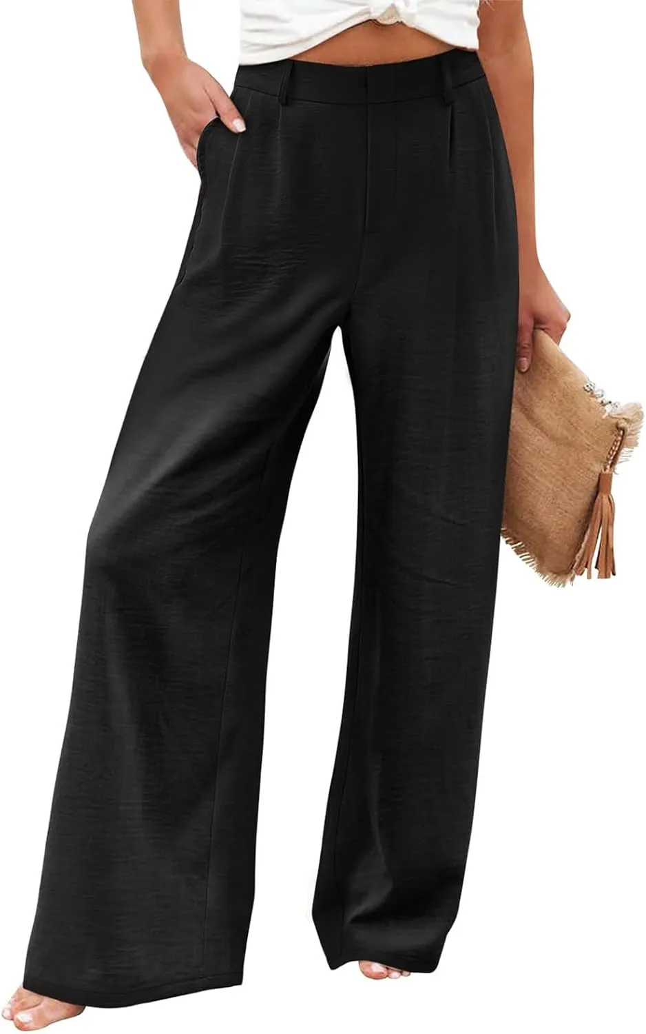 Wide Leg Pants Woman Summer High Waisted Dress Pants Trousers Lightweight Comfy Elastic Waist Pants with Pockets