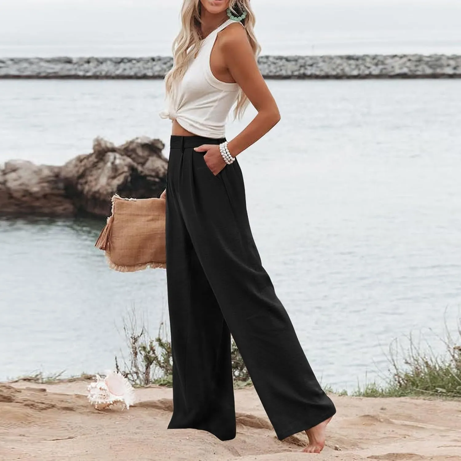 Wide Leg Pants Woman Summer High Waisted Dress Pants Trousers Lightweight Comfy Elastic Waist Pants with Pockets