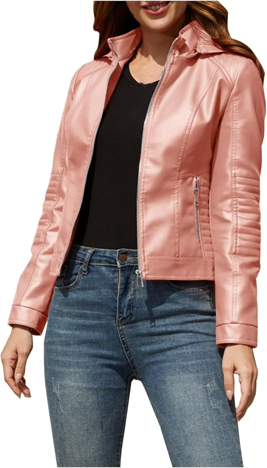 Women Faux Leather Jacket Zip Up Motorcycle Short PU Moto Biker Outwear Fitted Slim Coat Fashion Racer Cropped Jacket