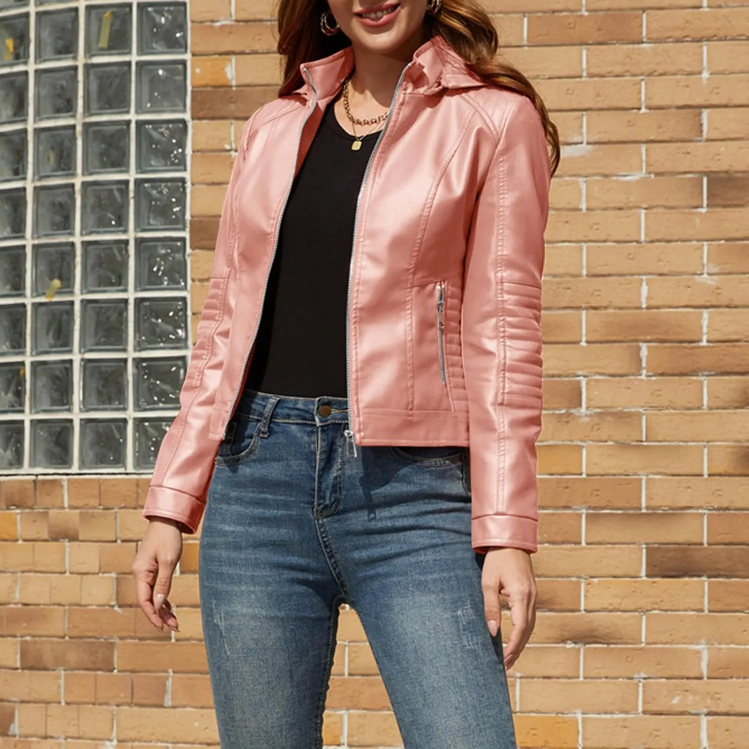 Women Faux Leather Jacket Zip Up Motorcycle Short PU Moto Biker Outwear Fitted Slim Coat Fashion Racer Cropped Jacket