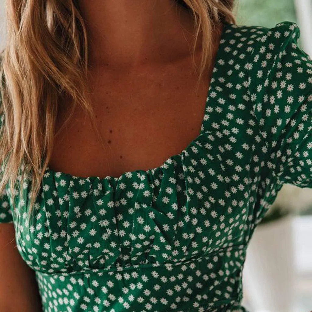 Women Floral Chiffon Midi Dress Summer Square Neck Short Sleeve Boho Sundress Flowy Smocked Tiered Swing Dresses