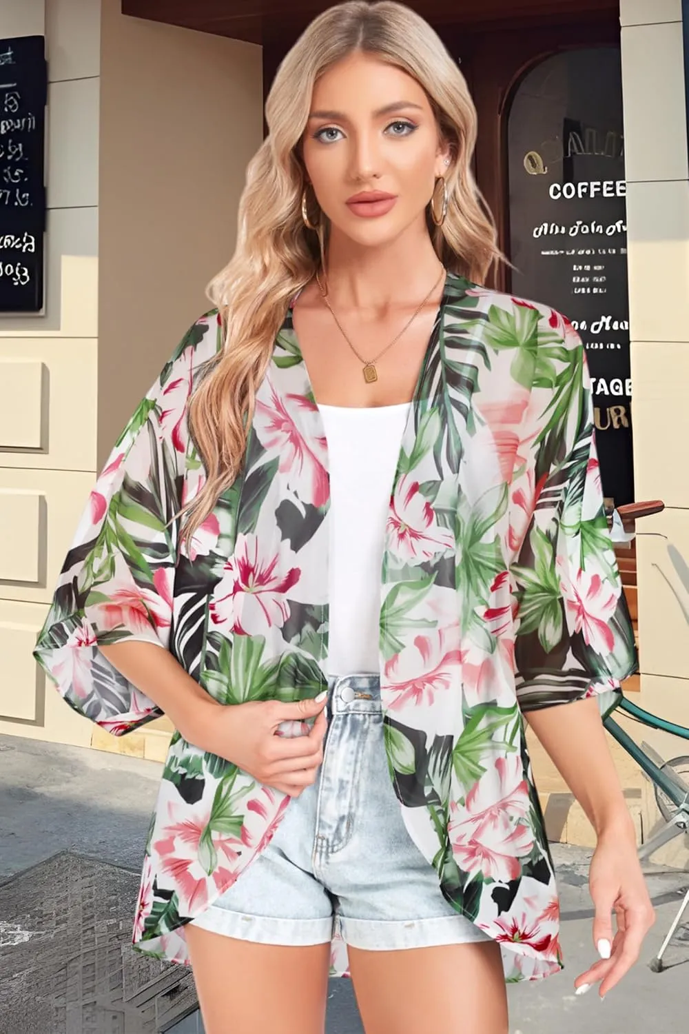 Women Kimono Cardigans Casual Summer Tops Cover up Open Front Floral Print Resort Wear