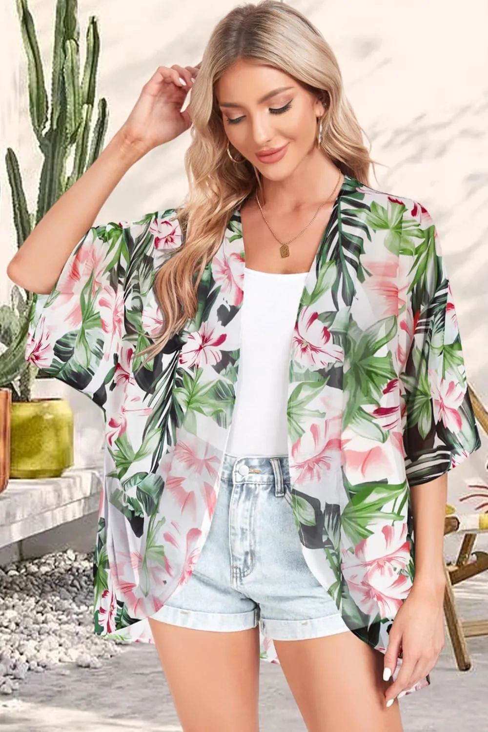 Women Kimono Cardigans Casual Summer Tops Cover up Open Front Floral Print Resort Wear
