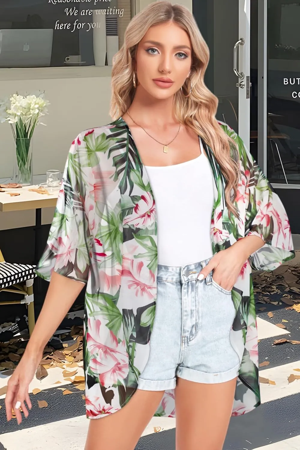 Women Kimono Cardigans Casual Summer Tops Cover up Open Front Floral Print Resort Wear