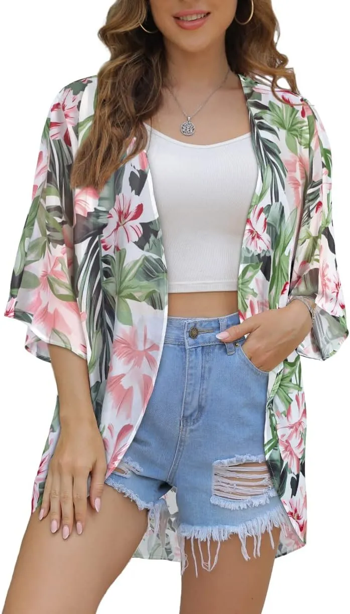 Women Kimono Cardigans Casual Summer Tops Cover up Open Front Floral Print Resort Wear