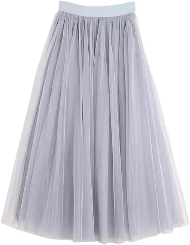 Women Mesh Elastic Skirt Beach Spring Summer High Waist Fashion Pleated Long Tulle Skirt