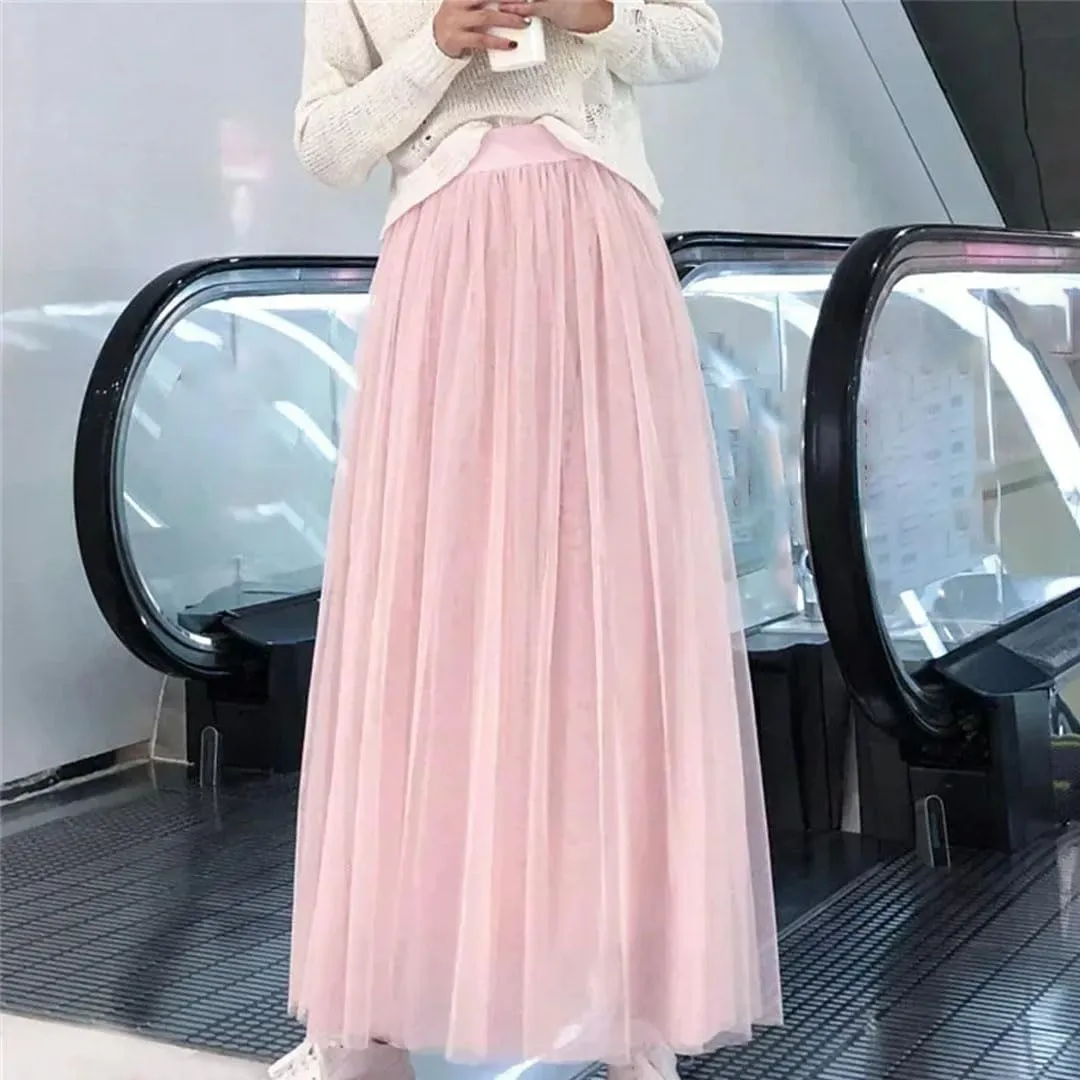 Women Mesh Elastic Skirt Beach Spring Summer High Waist Fashion Pleated Long Tulle Skirt