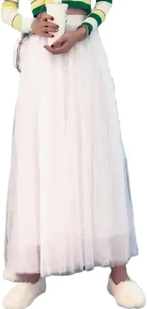 Women Mesh Elastic Skirt Beach Spring Summer High Waist Fashion Pleated Long Tulle Skirt