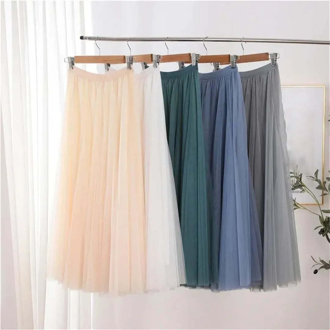 Women Mesh Elastic Skirt Beach Spring Summer High Waist Fashion Pleated Long Tulle Skirt