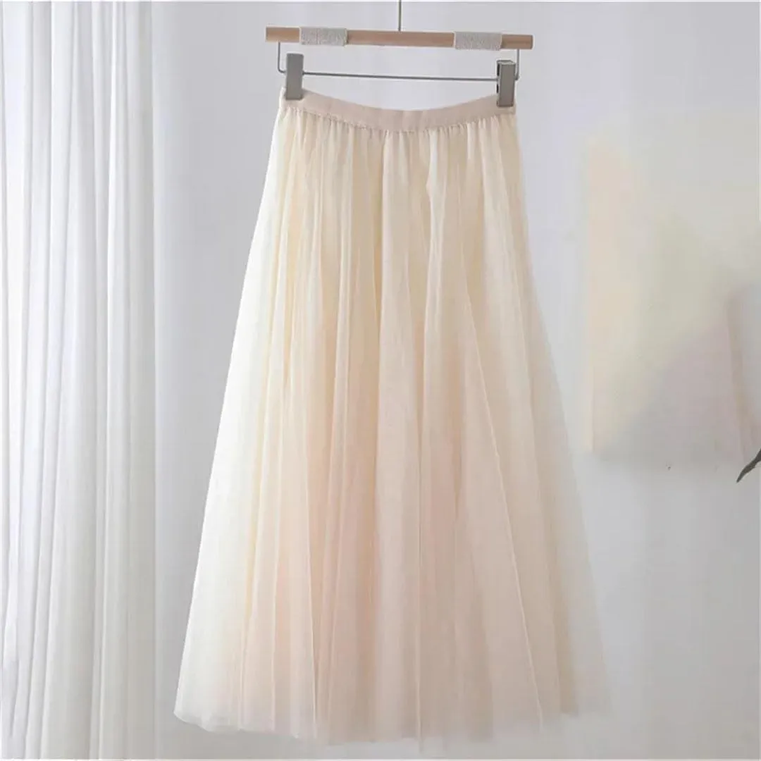 Women Mesh Elastic Skirt Beach Spring Summer High Waist Fashion Pleated Long Tulle Skirt