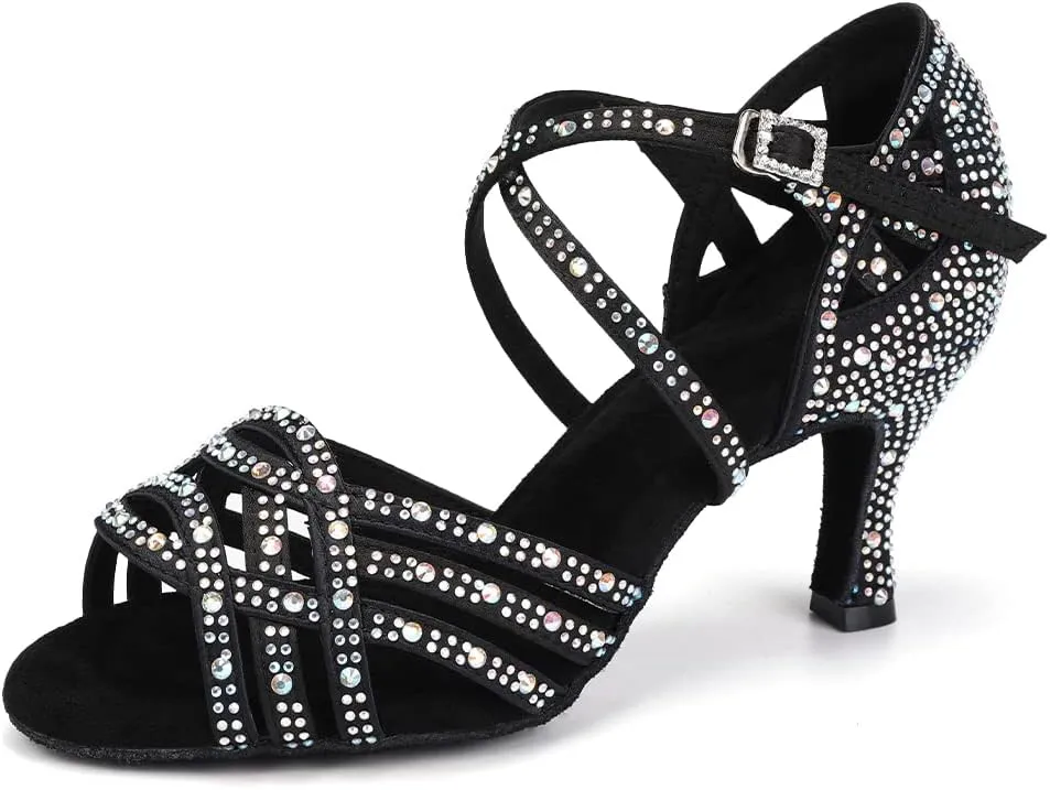 Women Professional Latin Rhinestone Dance Shoes Open Toe Salsa Chacha Ballroom Dance Heels Cross Strap,Model-L357