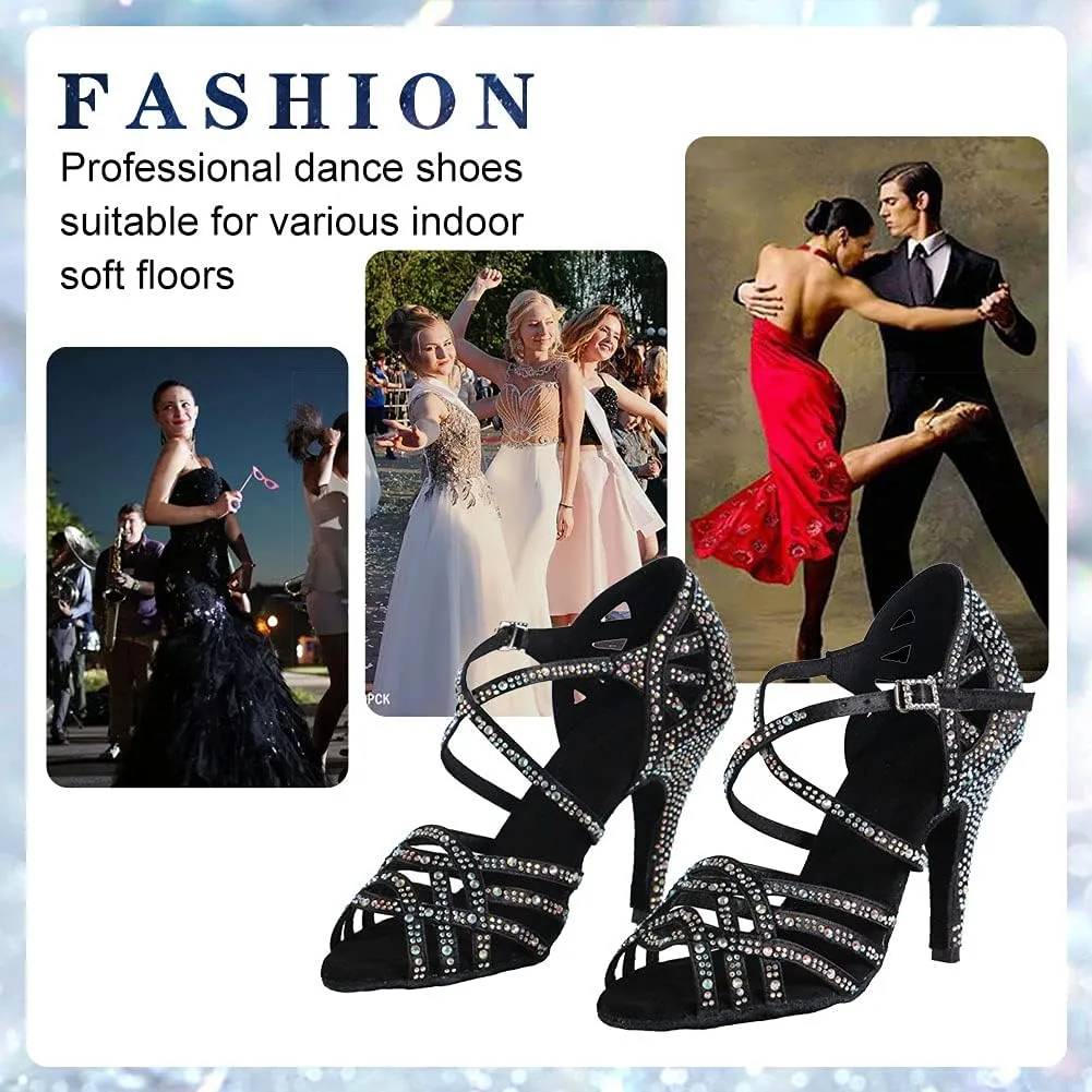 Women Professional Latin Rhinestone Dance Shoes Open Toe Salsa Chacha Ballroom Dance Heels Cross Strap,Model-L357