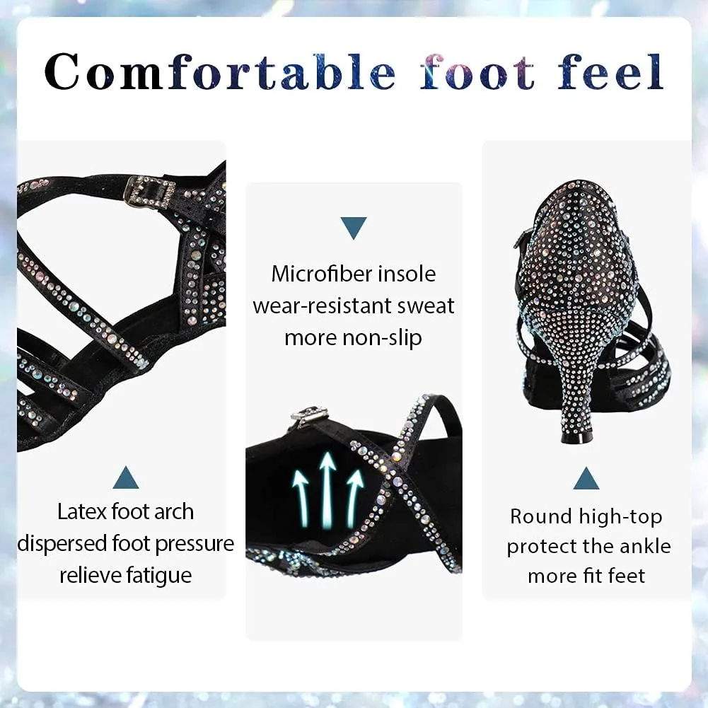 Women Professional Latin Rhinestone Dance Shoes Open Toe Salsa Chacha Ballroom Dance Heels Cross Strap,Model-L357