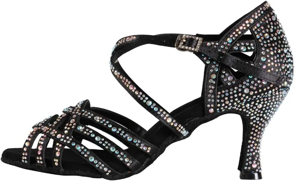Women Professional Latin Rhinestone Dance Shoes Open Toe Salsa Chacha Ballroom Dance Heels Cross Strap,Model-L357