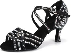 Women Professional Latin Rhinestone Dance Shoes Open Toe Salsa Chacha Ballroom Dance Heels Cross Strap,Model-L357