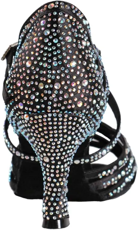 Women Professional Latin Rhinestone Dance Shoes Open Toe Salsa Chacha Ballroom Dance Heels Cross Strap,Model-L357