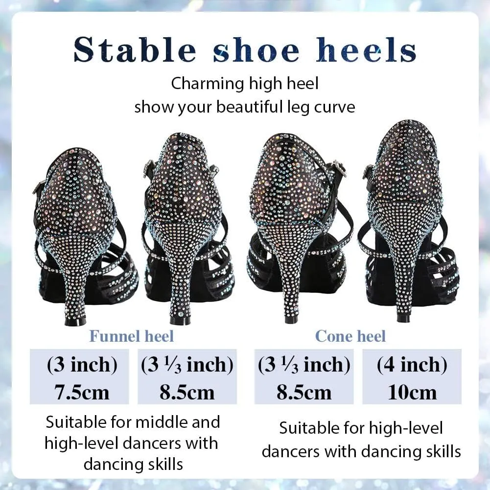 Women Professional Latin Rhinestone Dance Shoes Open Toe Salsa Chacha Ballroom Dance Heels Cross Strap,Model-L357