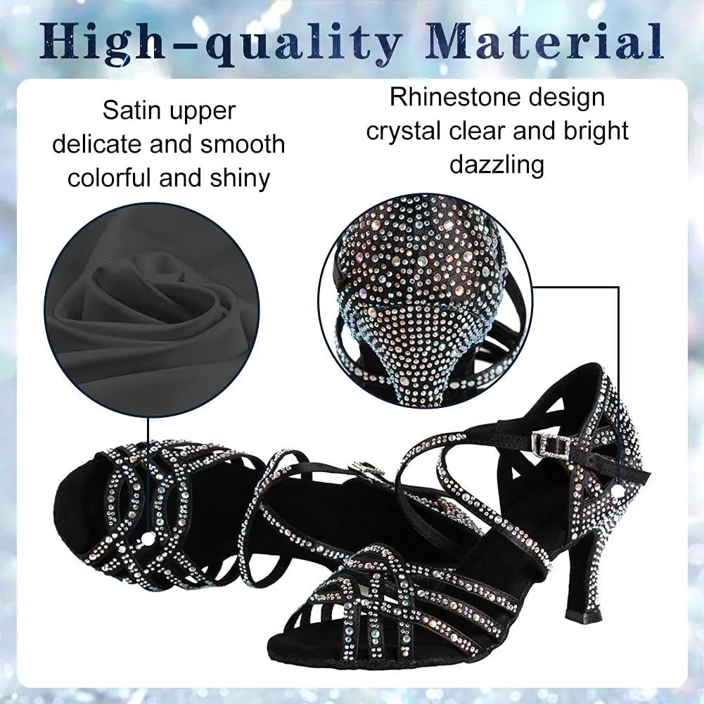 Women Professional Latin Rhinestone Dance Shoes Open Toe Salsa Chacha Ballroom Dance Heels Cross Strap,Model-L357