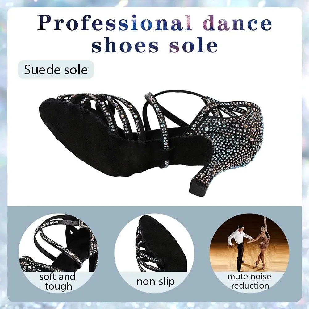 Women Professional Latin Rhinestone Dance Shoes Open Toe Salsa Chacha Ballroom Dance Heels Cross Strap,Model-L357