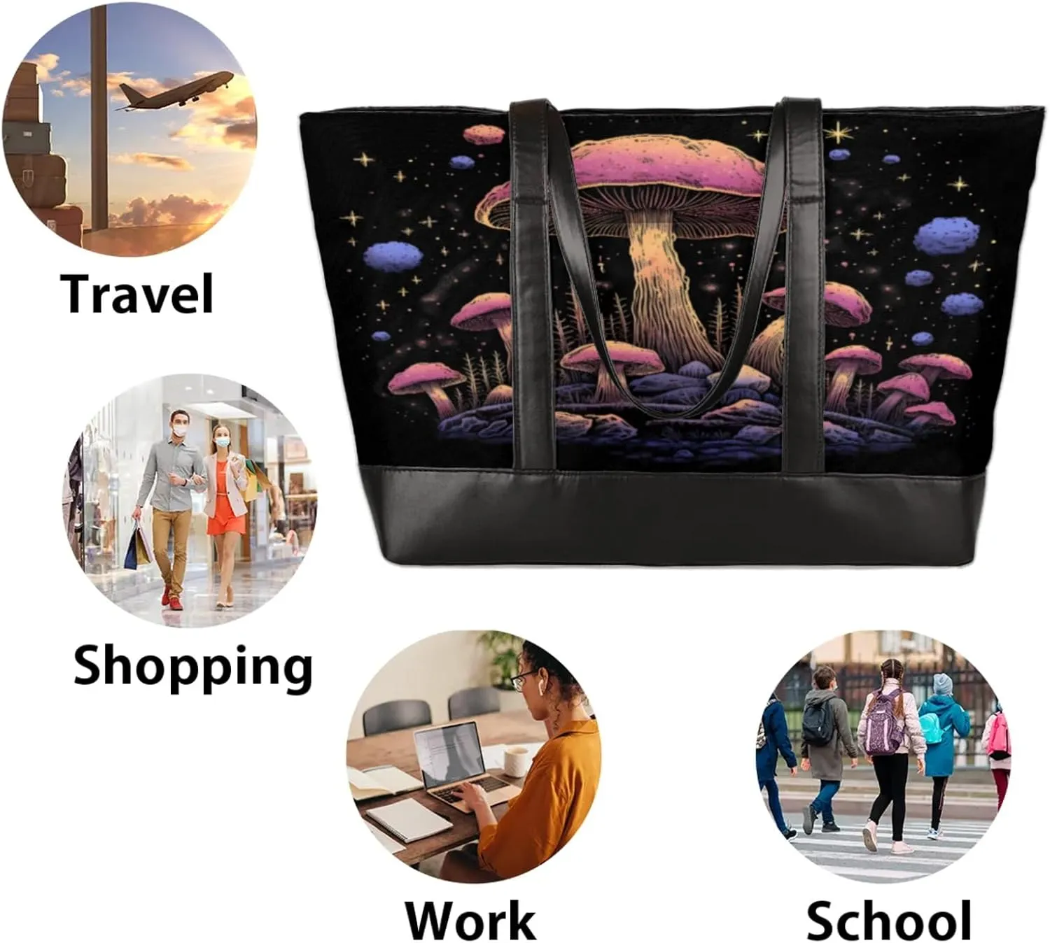 Women Tote Bag with Zipper, Shopper Handbag Travel Purse, PU Leather Laptop Tote Bags, Weekender Tote Bags