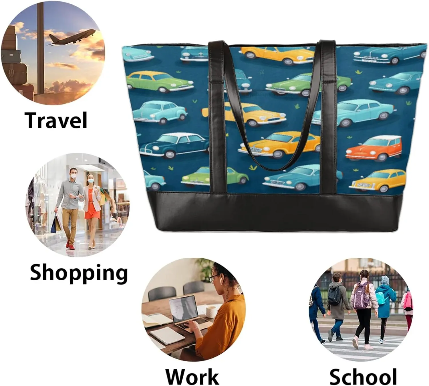 Women Tote Bag with Zipper, Shopper Handbag Travel Purse, PU Leather Laptop Tote Bags, Weekender Tote Bags