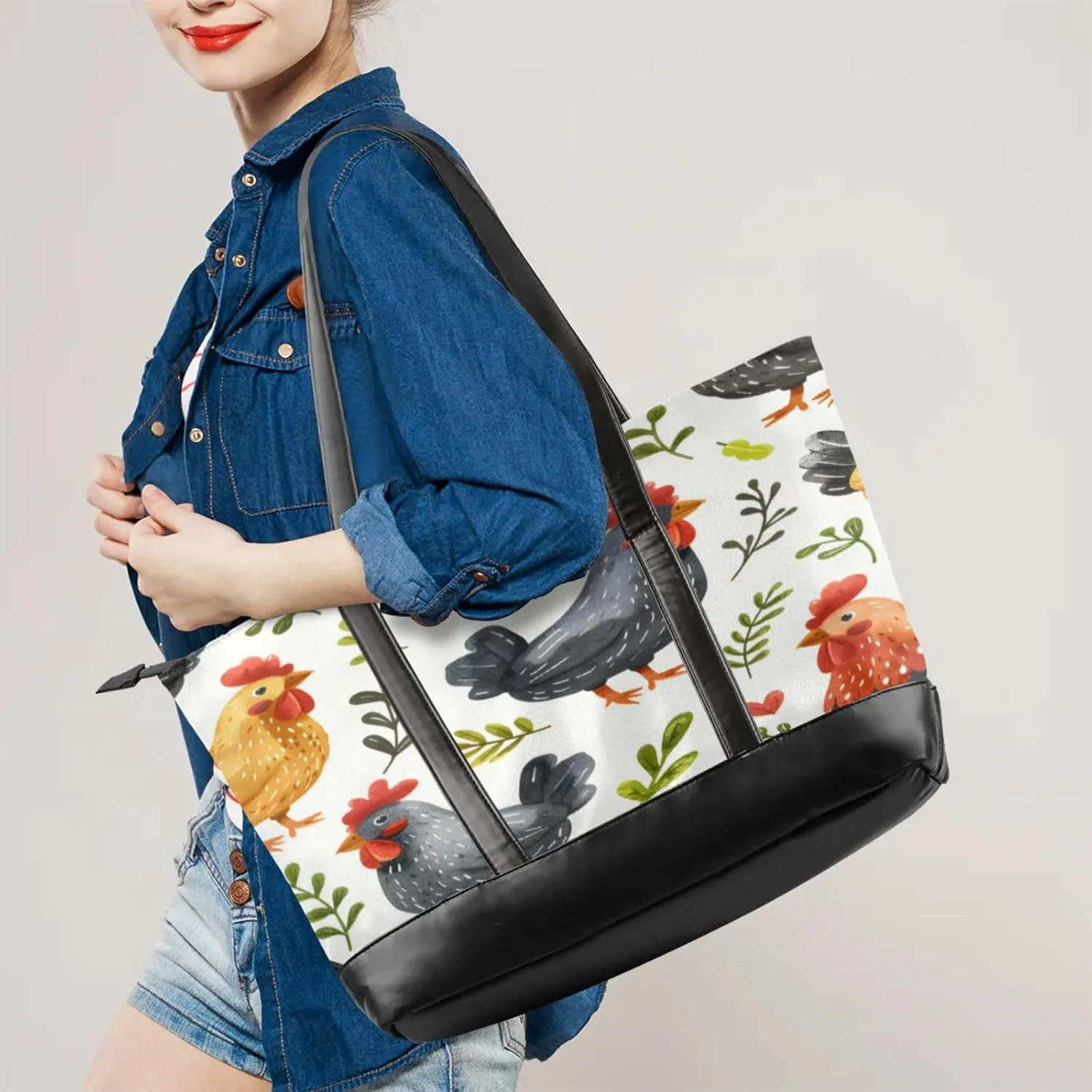 Women Tote Bag with Zipper, Shopper Handbag Travel Purse, PU Leather Laptop Tote Bags, Weekender Tote Bags