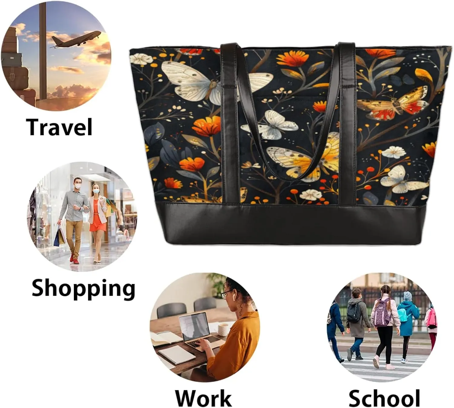 Women Tote Bag with Zipper, Shopper Handbag Travel Purse, PU Leather Laptop Tote Bags, Weekender Tote Bags