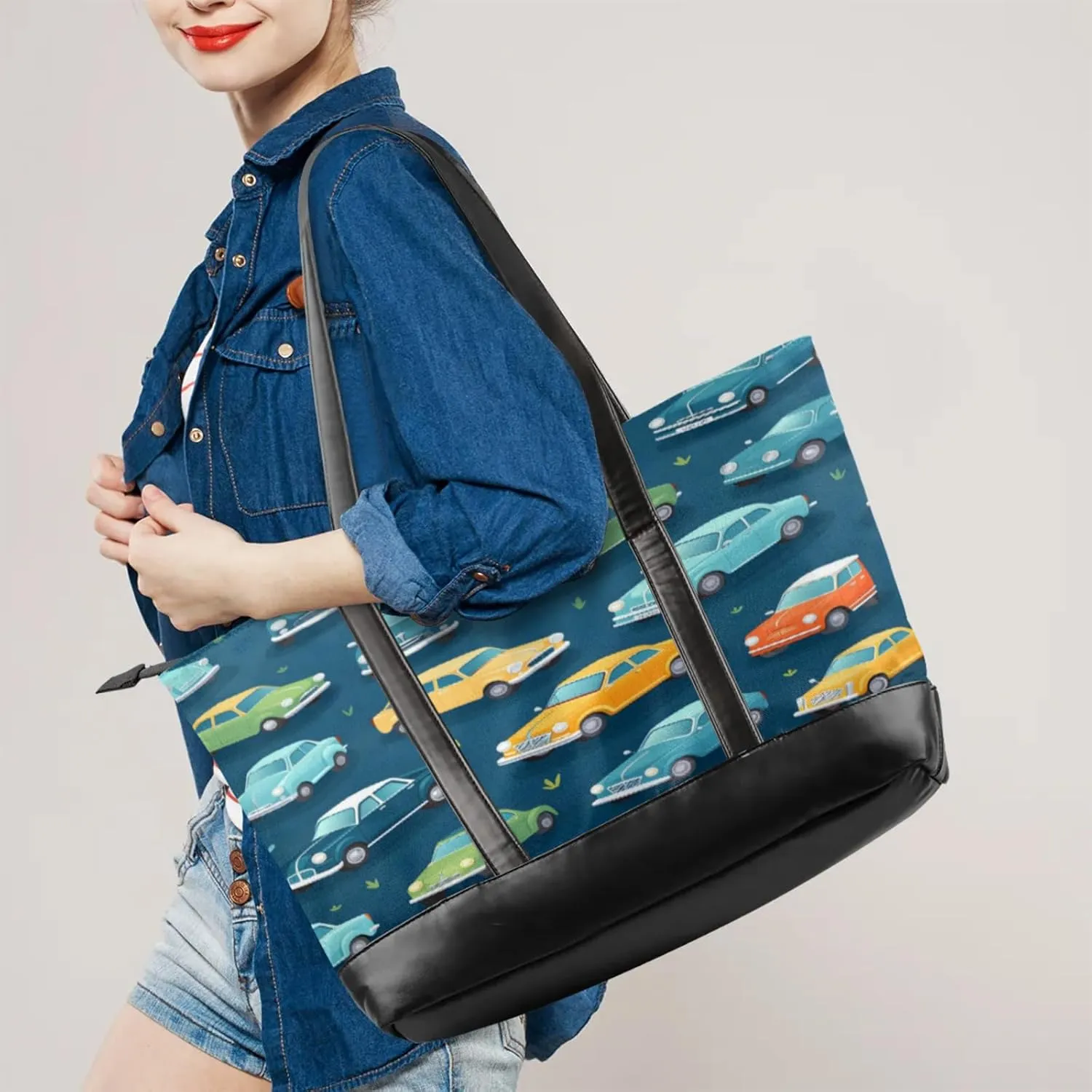 Women Tote Bag with Zipper, Shopper Handbag Travel Purse, PU Leather Laptop Tote Bags, Weekender Tote Bags