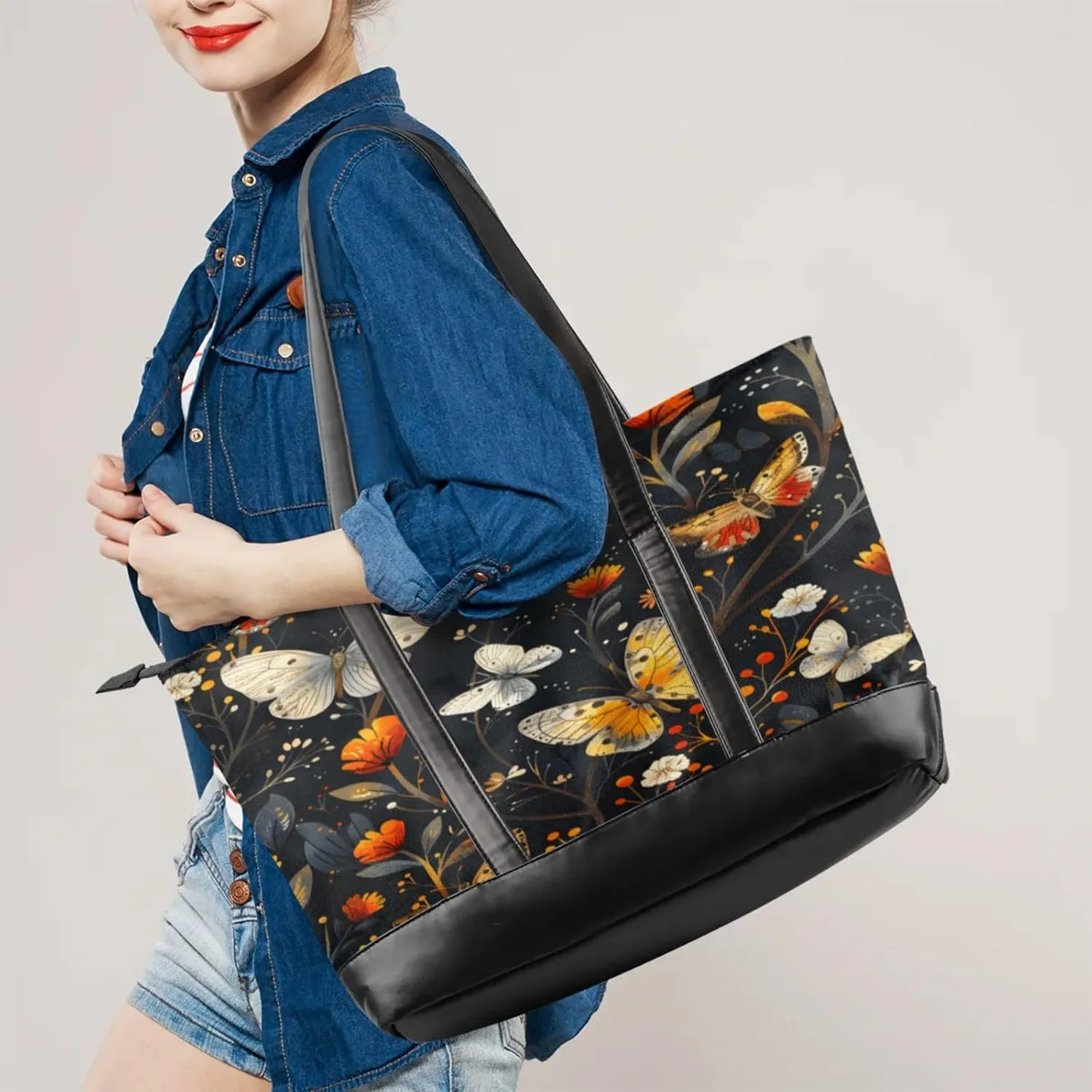 Women Tote Bag with Zipper, Shopper Handbag Travel Purse, PU Leather Laptop Tote Bags, Weekender Tote Bags