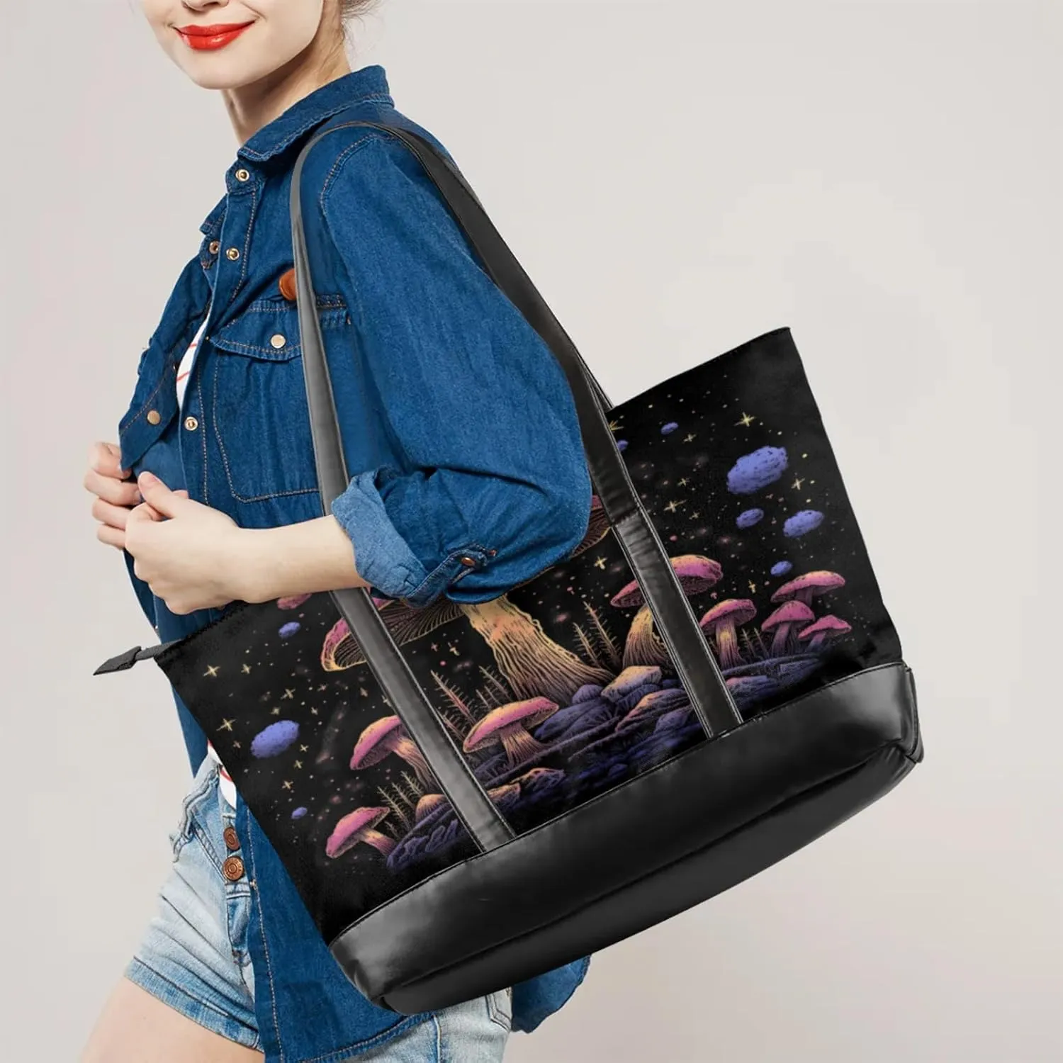 Women Tote Bag with Zipper, Shopper Handbag Travel Purse, PU Leather Laptop Tote Bags, Weekender Tote Bags