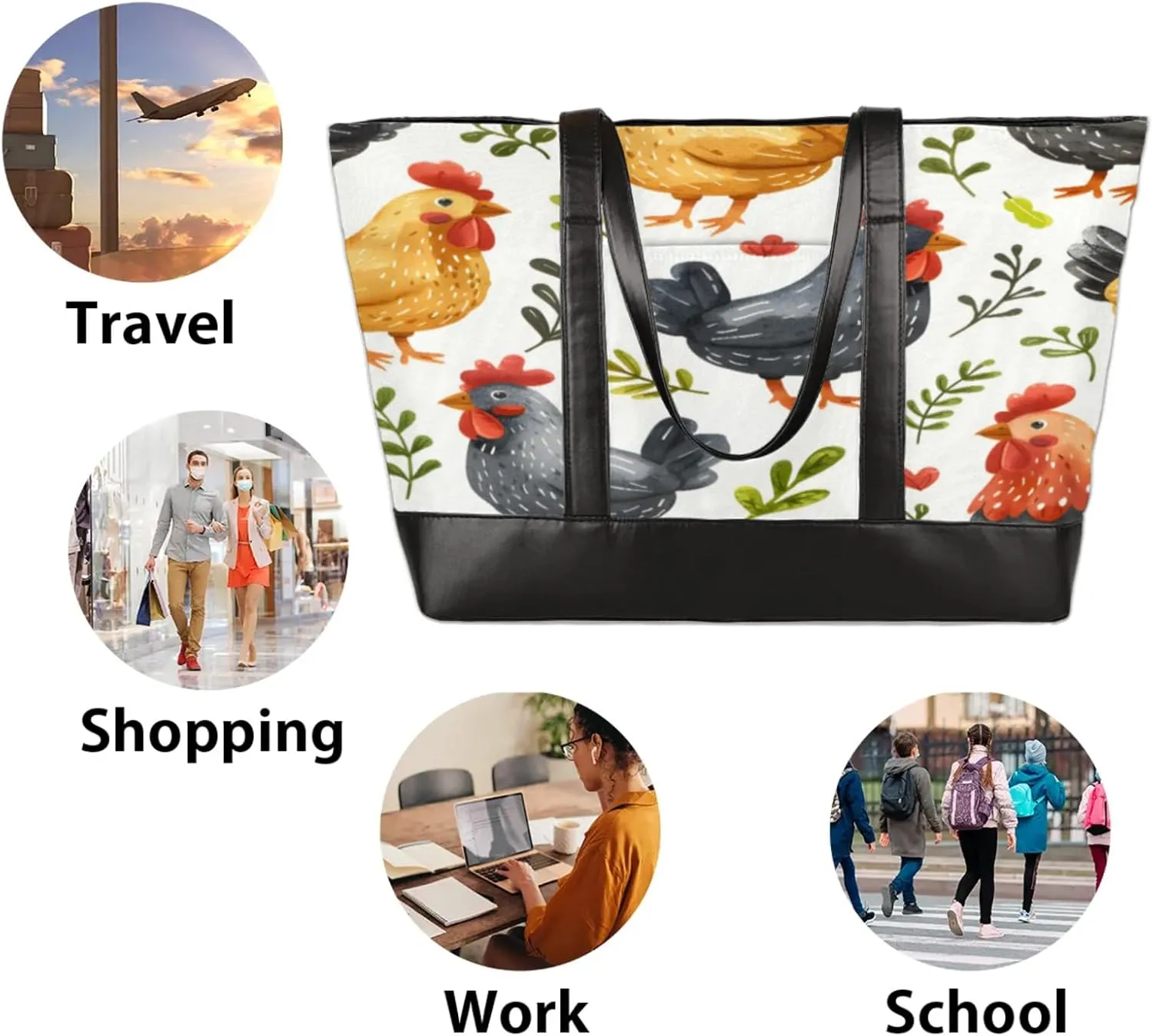 Women Tote Bag with Zipper, Shopper Handbag Travel Purse, PU Leather Laptop Tote Bags, Weekender Tote Bags