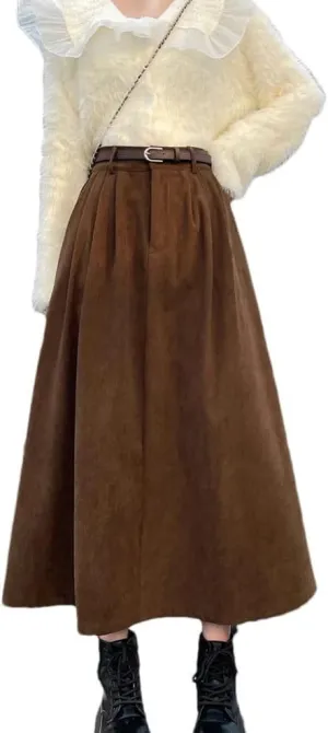 Women Vintage Belt Corduroy Midi Skirt High Waist Pleated A Line Skirts