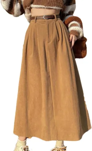 Women Vintage Belt Corduroy Midi Skirt High Waist Pleated A Line Skirts
